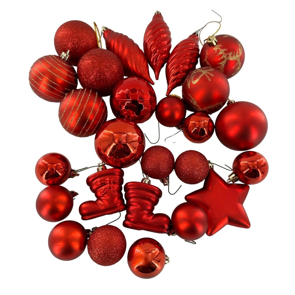 Lot 25 Christmas Ornaments Frosted Bells Striped Tie-on Foil Vintage Red Retro